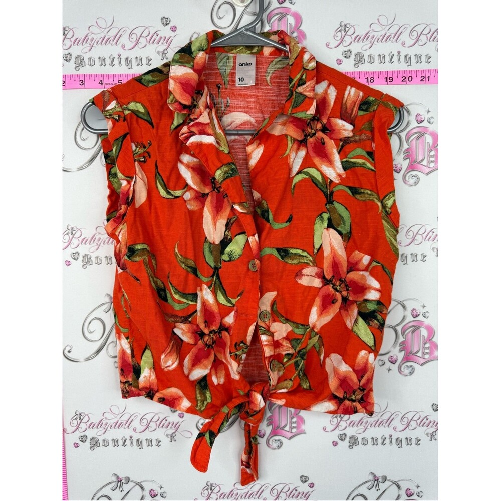 Anko tank top Floral Tie-Front Sleeveless Button-Up Top - Orange